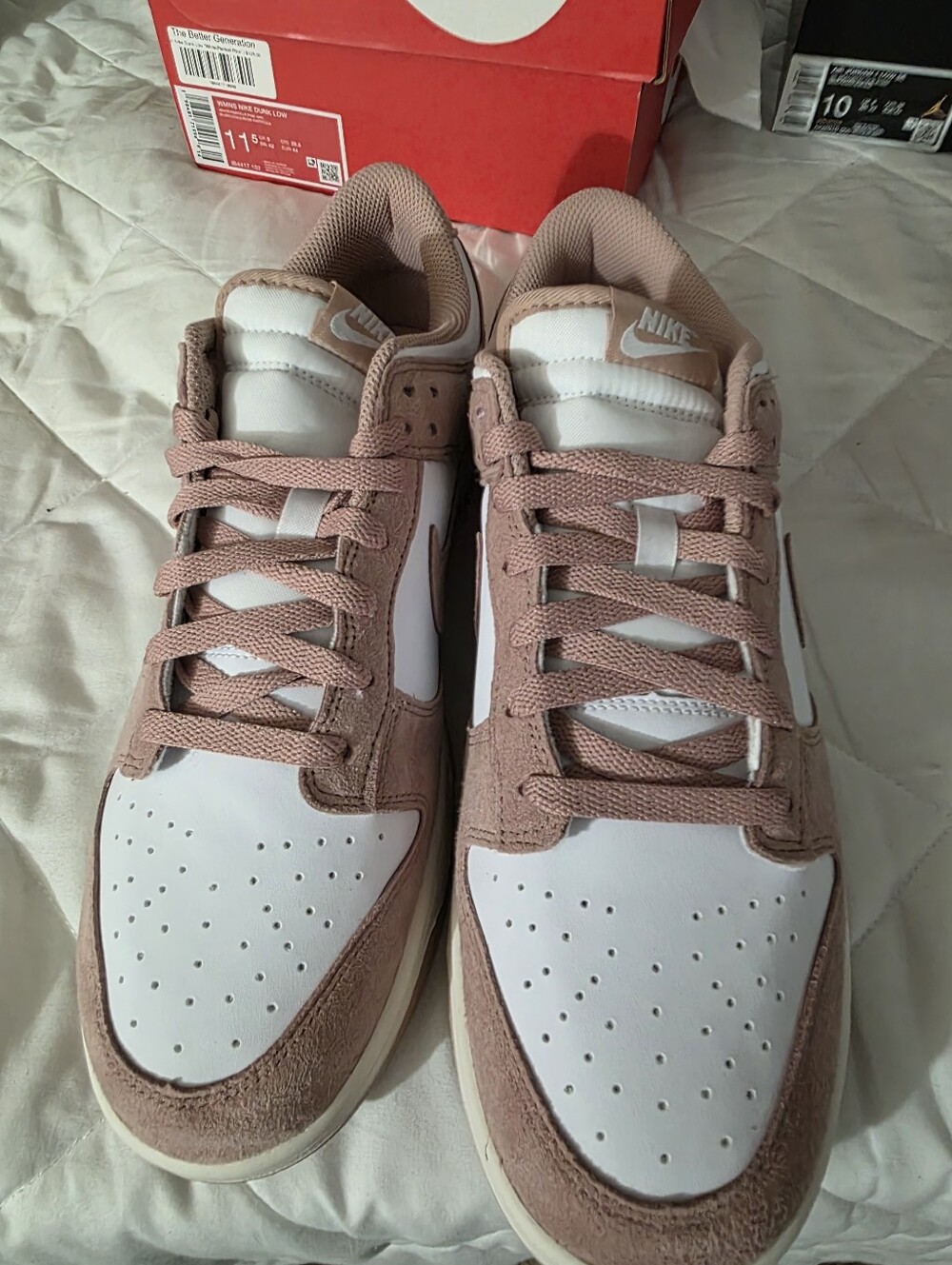 Nike Dunk Low Sneakers in White and Dusty Pink Size 11.5w/10m, New.